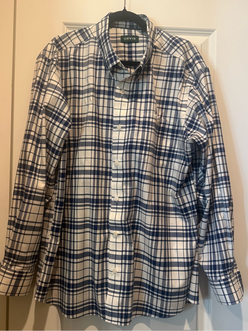 Orvis Button Up Shirt Mens XL Blue White Plaid Wrinkle Free Long Sleeve Stretch